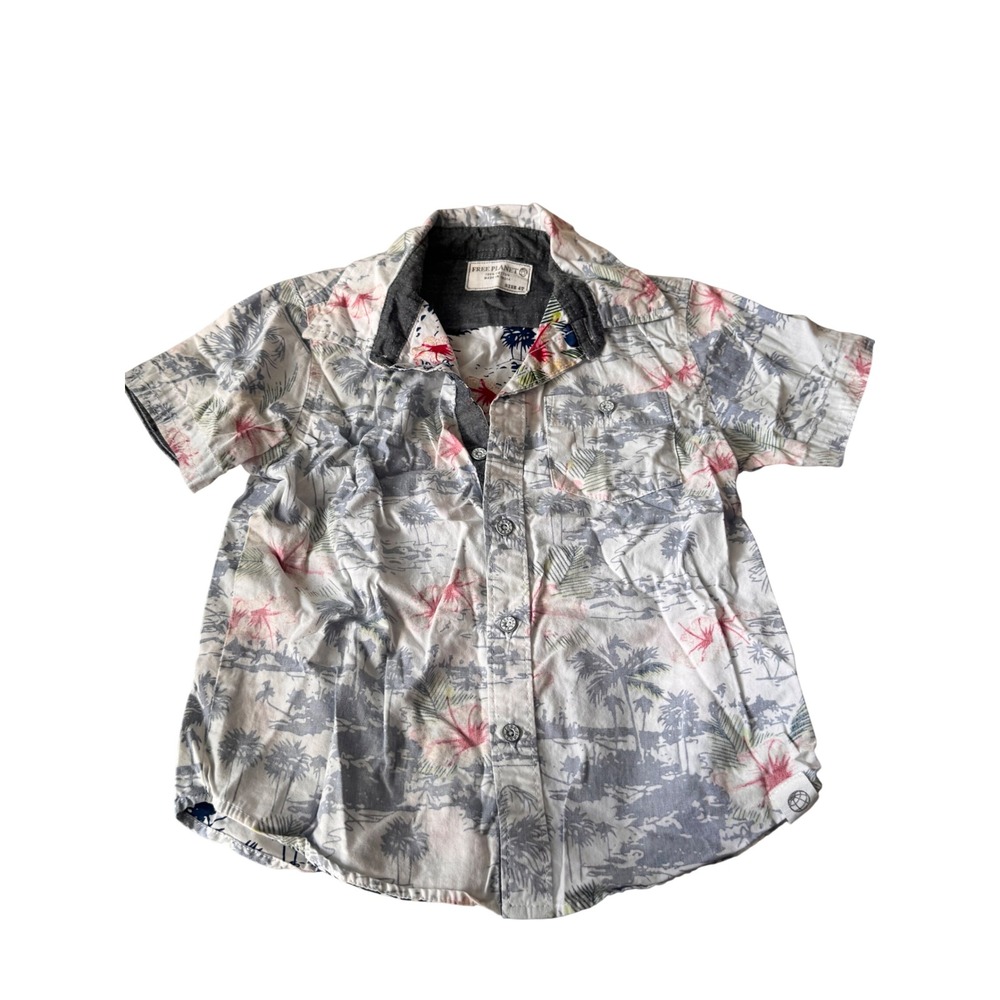Free Planet Boys 4T Tropical Palm Tree Print Cotton Button Down Shirt Grey Pink